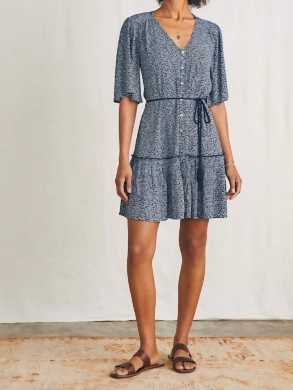 Faherty Orinda Mini Dress in Navy Riverton Ditsy Floral Pattern Rope Belt medium
